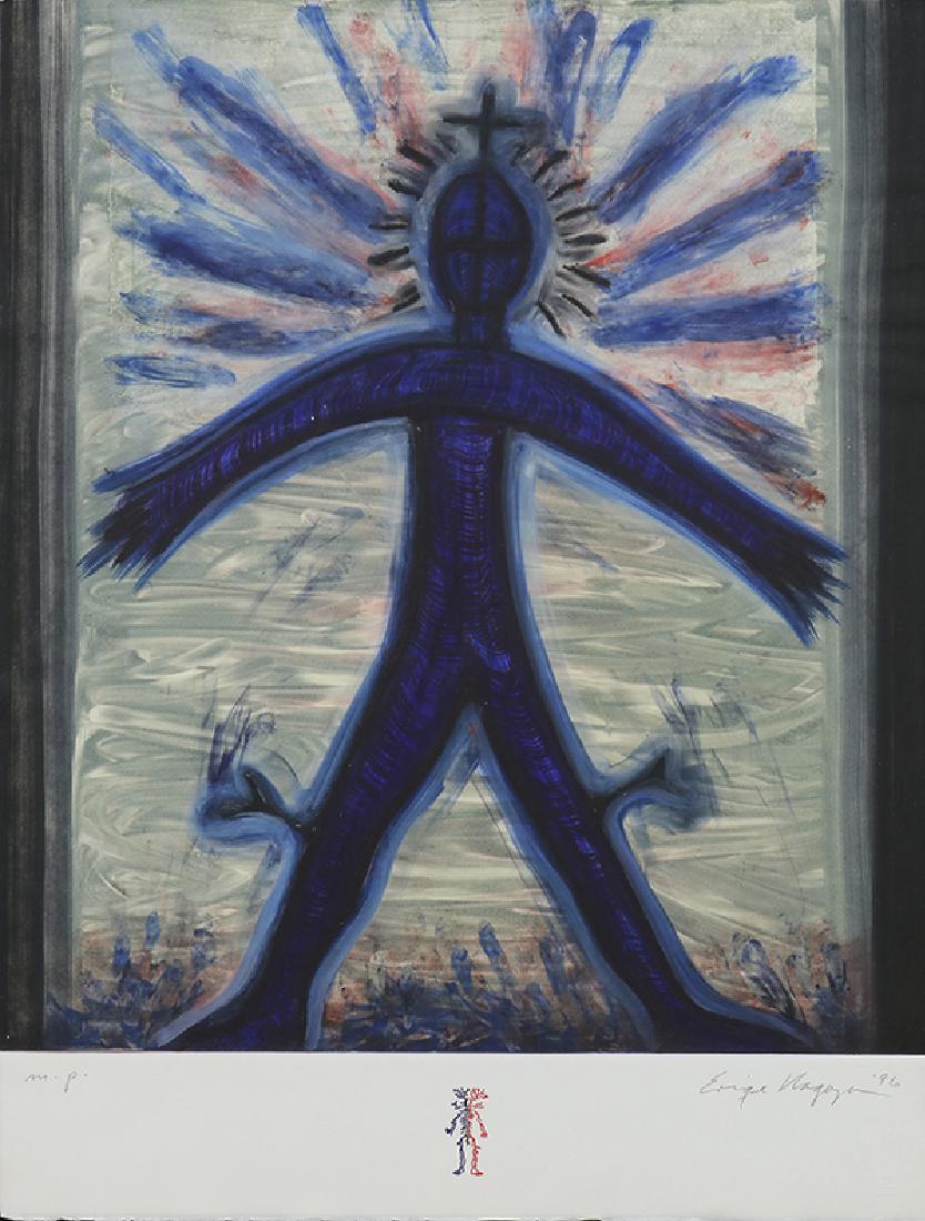 Print, Enrique Chagoya: Enrique Chagoya (Mexican/American b. 1953) Untitled (Blue Man) 1996 monoprint pencil signed and dated lower right image: 22""h x 19.5""w sheet: 26""h x 19.5""w overall (with frame): 30""h x 23""w