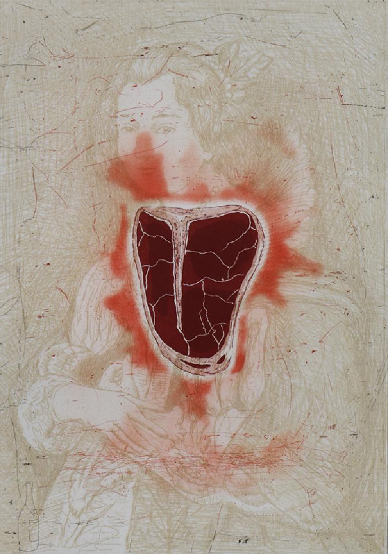 Print, Enrique Chagoya: Enrique Chagoya (American/Mexican b. 1953) ""Wife of Rubens "" 1999 color hardground and aquatint with drypoint etching pencil signed and dated lower right edition 2/40 image: 12""h x 9""w sheet (unfr