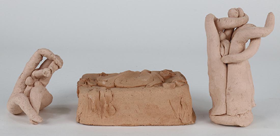 Terracotta Sculptures, Costantino Nivola: (lot of 3) Costantino Nivola (American 1911-1988) Nudes 1971 and Bed 1978 terracottas Bed signed and dated lower right smaller nude signed and dated verso largest nude: 7""h x 4.25""w x 2.75""d