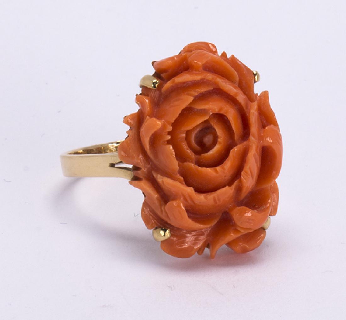 Carved coral and 14k yellow gold rose ring (1 of 4)