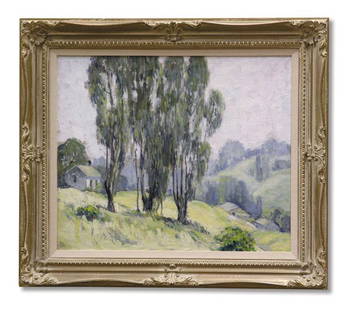 Painting John Coolidge Californian: Framed oil on canvas, Eucalyptus Landscape with Houses (1932), by John Earle Coolidge (Californian 1882-1947), signed and dated lower left, sight: 20''H x 24''W