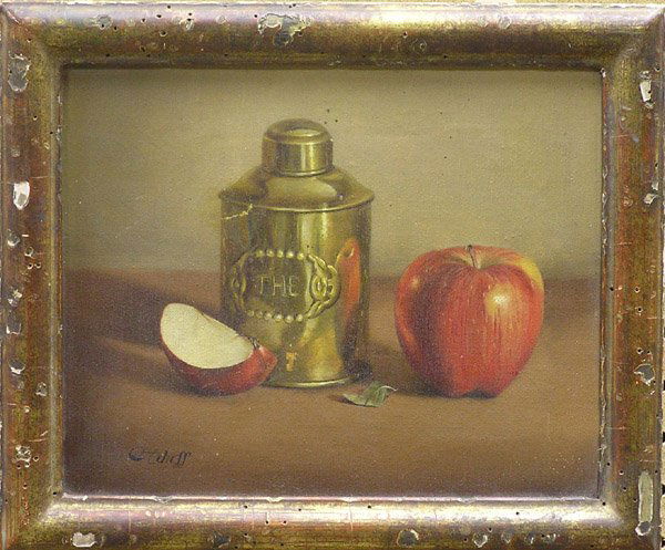 Painting William Acheff American: Framed oil on canvas, Still Life with Tea Caddy and Apple (ca. 1970) by William Acheff (American 1947-), signed lower left, sight: 8.5''H x 10.5''W