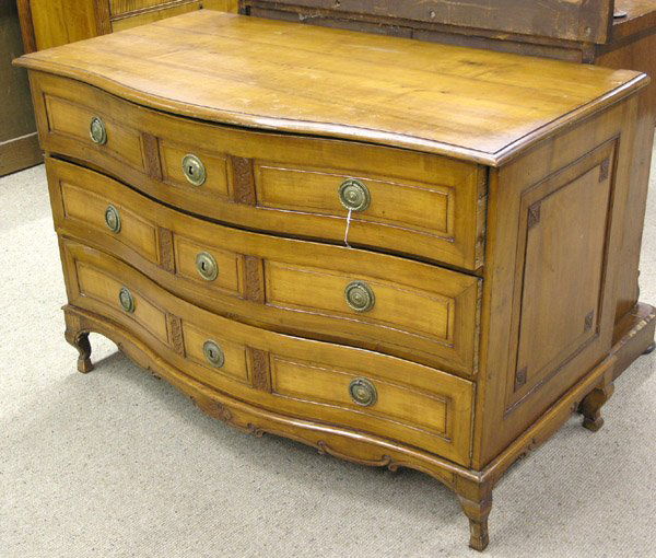 Continental Cherry Commode: Continental cherry commode with diminutive carved feet. and serpentine front c. 1780, Provenance: Estate of Edward Dixon Heise (second cousin of artist Maynard Dixon), San Francisco, CA 60''w x 27''d