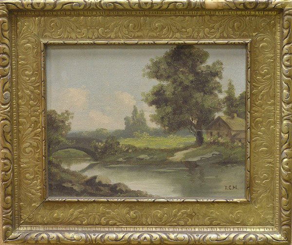 Painting, Landscape Robert Minor: Framed oil on canvas, Country Landscape, initialled "R.C.M." lower right, inscribed "Robert Crannell Minor/1902" verso, sight: 10"H x 13"W