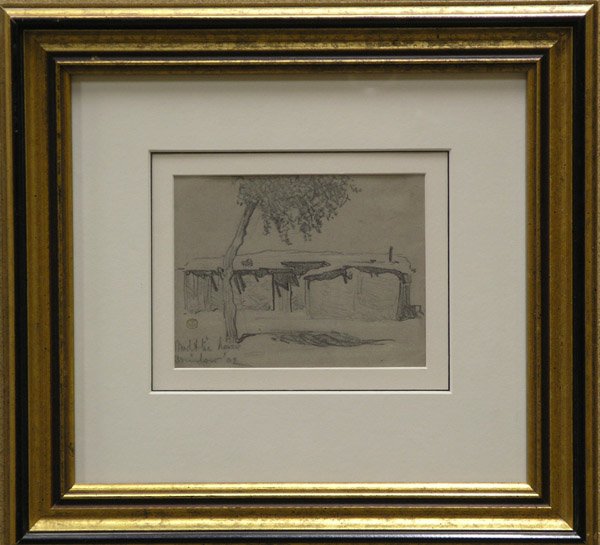 Drawing Maynard Dixon American: Framed pencil drawing, ''Adobe House, Winslow, Arizona'' (1902), by Maynard Dixon (American 1875-1946); stamped, titled and dated lower left, Edith Hamlin certificate affixed verso, sight: 4.5''H x 6'