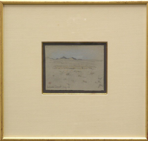 Drawing Maynard Dixon American Desert: Framed pastel and pencil drawing, ''Colorado Desert'' (1902), by Maynard Dixon (American 1875-1946), stamped, titled, dated lower left, Edith Hamlin certificate affixed verso, sight: 4.75''h x 6''w. P