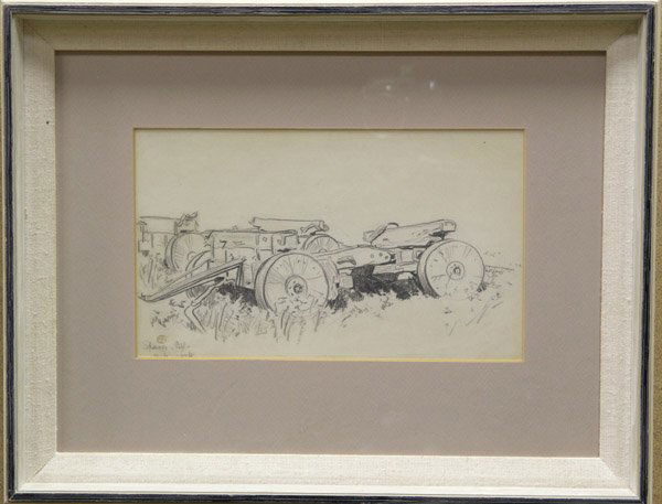 Drawing Maynard Dixon American: Framed pencil drawing, ''Old Wagon'' (1906) by Maynard Dixon (American 1875-1946), inscribed ''Shaver, Cal.'', stamped, dated lower left, sight: 6.5''h x 11''w. Provenance: John Howell-Books, San Fran