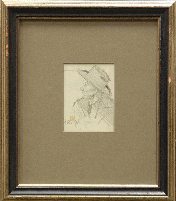 Drawing Maynard Dixon American: Framed pencil drawing on magazine page, ''Los Angeles Man with Hat'' (1900) by Maynard Dixon (American 1875-1946), inscribed ''L.A.'', stamped, dated lower left, Edith Hamlin certificate affixed verso