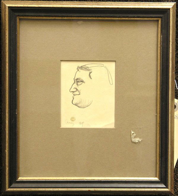 Drawing Maynard Dixon American: Framed pencil drawing, ''Profile of a Man'' (August 1904), by Maynard Dixon (American 1875-1946), stamped and dated lower left, Gump's Gallery label and Edith Hamlin certificate affixed verso, sight:
