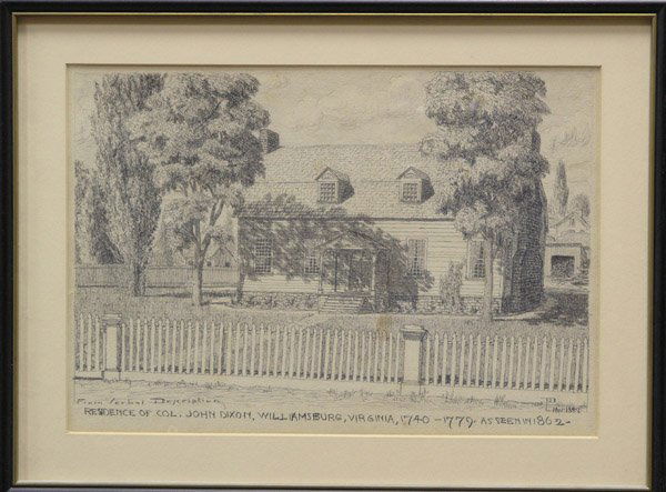 Drawing Maynard Dixon American: Framed pen/ink drawing, ''Residence of Col. John Dixon, Williamsburg, Virginia, 1740-1779. As Seen in 1862'' (1889), by Maynard Dixon (American 1875-1946), monogrammed and dated lower right, titled lo