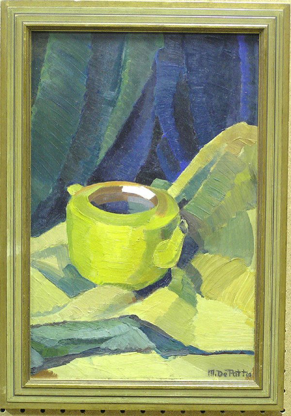 Painting de Patta Californian modern: Framed oil on canvasboard, Still Life with Pot, by Margaret de Patta (Californian 1903-1964), signed lower right, sight: 18''H x 12''W