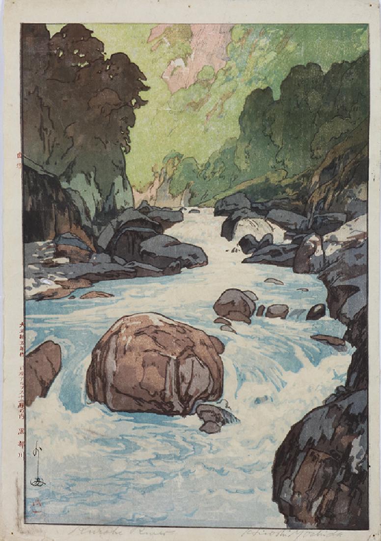 Japanese Woodblock Print, Yoshida Hiroshi: Yoshida Hiroshi (Japanese 1876-1950) 'Kurobe River' from the '12 Japan Alps' series woodblock print left margin with the title jizuri (self-printed) mark dated 5th year of Taisho (=1916) lower margin 