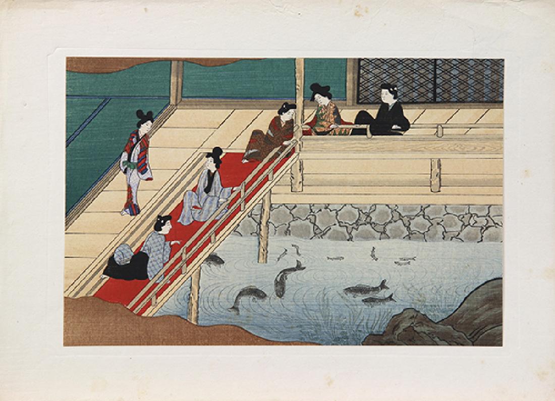Japanese Woodblock Prints, Hiroshige, Utamaro: (Lot of 8) Japanese woodblock prints including Hishikawa Moronobu (1618-1694) Katsukawa Shuncho (active 1780 -1801); Kitagawa Utamaro (1753-1806); Toshinobu (1857 - 1886); Utagawa Hiroshige (1797-1858