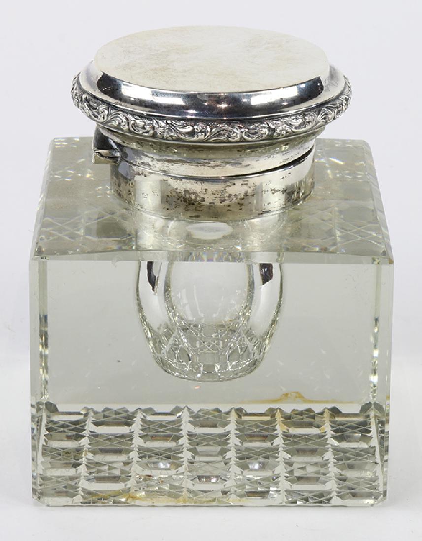 German Gebrüder Kuhn: German Gebrüder Kuhn .800 silver mount inkwell with Brilliant cut glass bowl 4.75""h