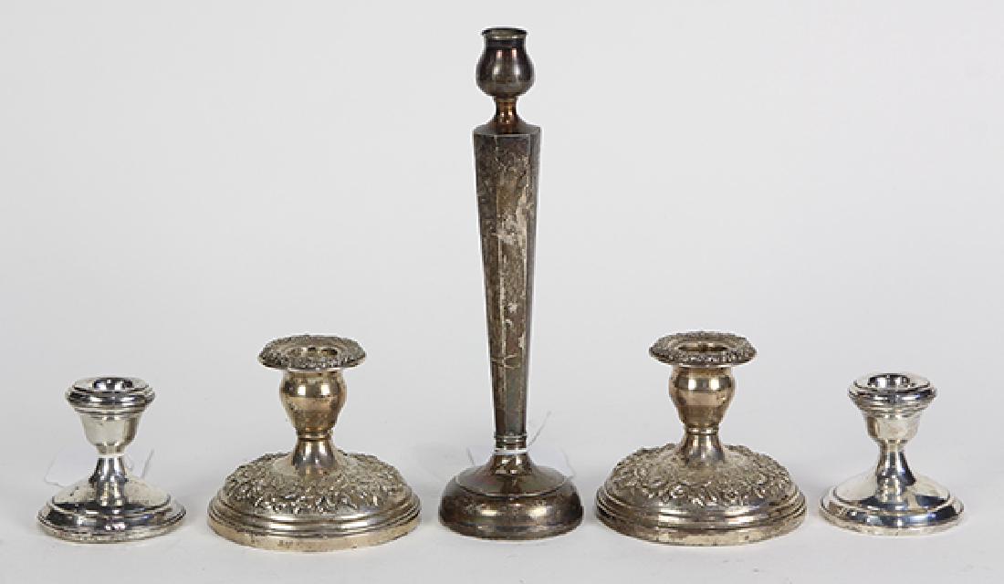 (lot of 5) Sterling silver weighted candlestick group, (1 of 2)