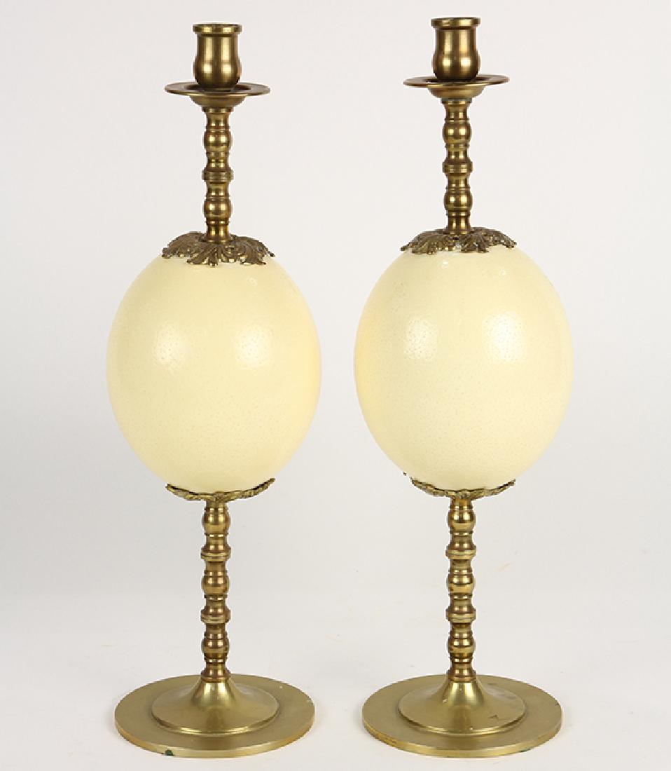 Pair of ostrich egg single-light candlesticks, each (1 of 3)