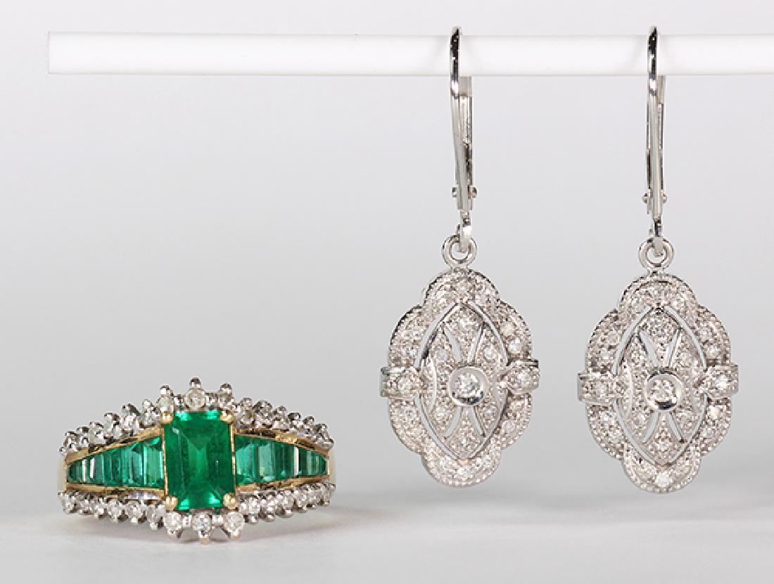 (Lot of 2) Diamond, synthetic emerald and 14k gold (1 of 3)