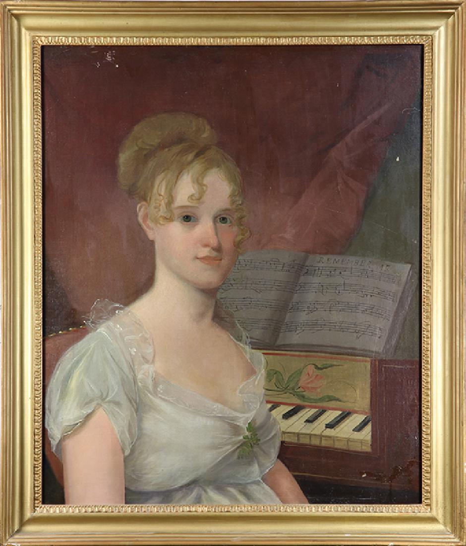 Painting, Portrait of a Woman at a Piano: American School (19th century) Portrait of a Woman at a Piano oil on canvas unsigned overall (with frame): 34.5""h x 29.5""w