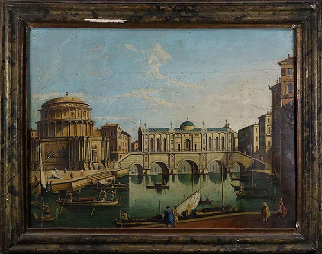 Painting, European School (20th century): European School (20th century) City River Scene with Bridge and Figures oil on paper (laid down on panel) unsigned overall (with frame): 20.5""h x 26.5""w. Provenance: Estate of Thomas Livingston (Oak