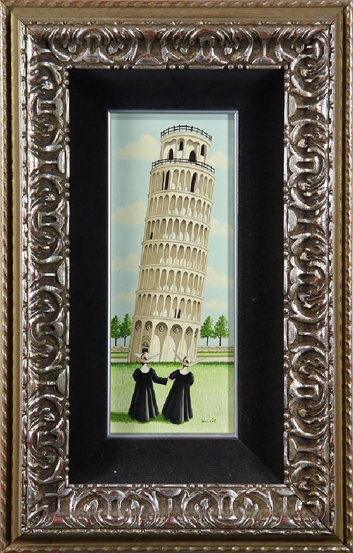 Painting, Joan Wilkie: Joan Wilkie (Australian 20th century) Two Nuns Near Leaning Tower of Pisa oil on board signed lower right overall (with frame): 16.5""h x 11""w