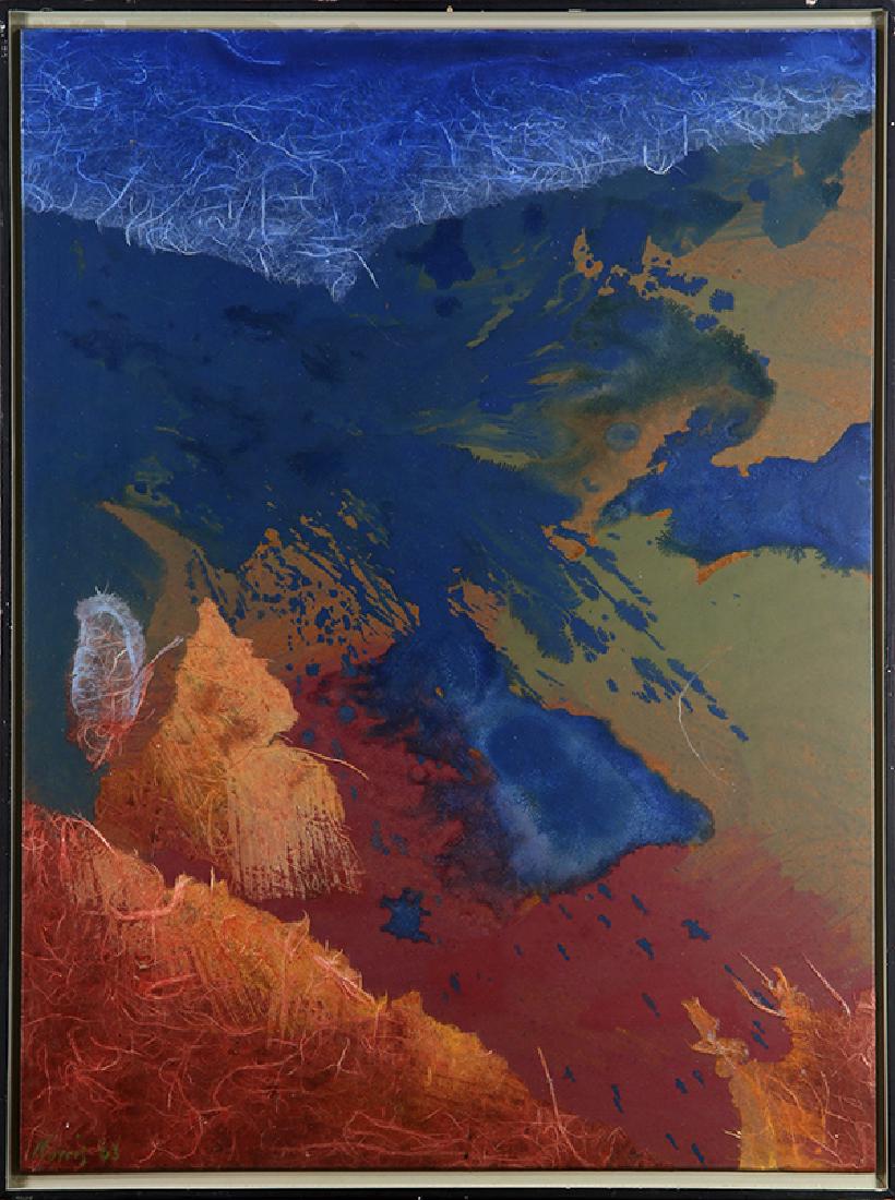 Mixed media, Ben Norris: Ben Norris (American 1910-2006) ""Kaena I No. 240 "" 1963 mixed media acrylic and collage on board signed and dated lower left and verso titled verso cat. no. 240 overall (with frame): 25""h x 19""w