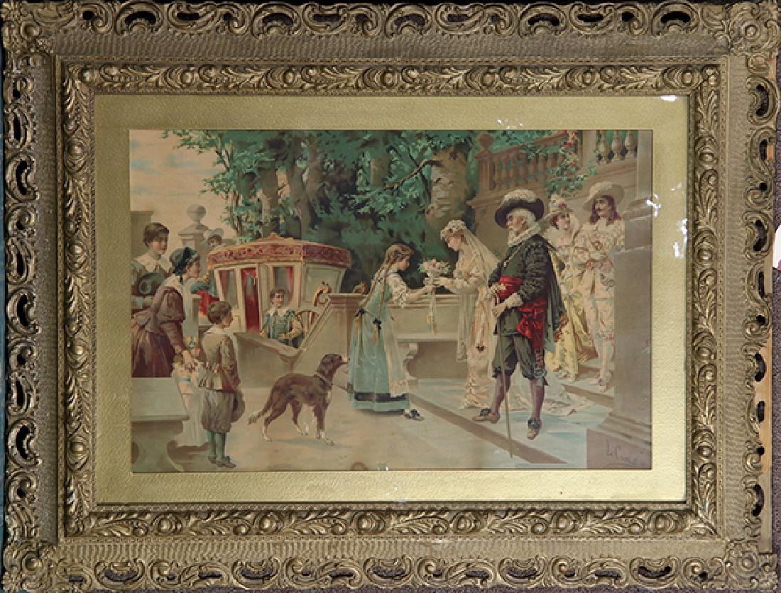 Print, Luigi Crosio: Luigi Crosio (Italian 1835-1915) Wedding Scene circa 1880 lithograph in colors signed in plate lower right overall (with ornate frame): 34""h x 44.25""w