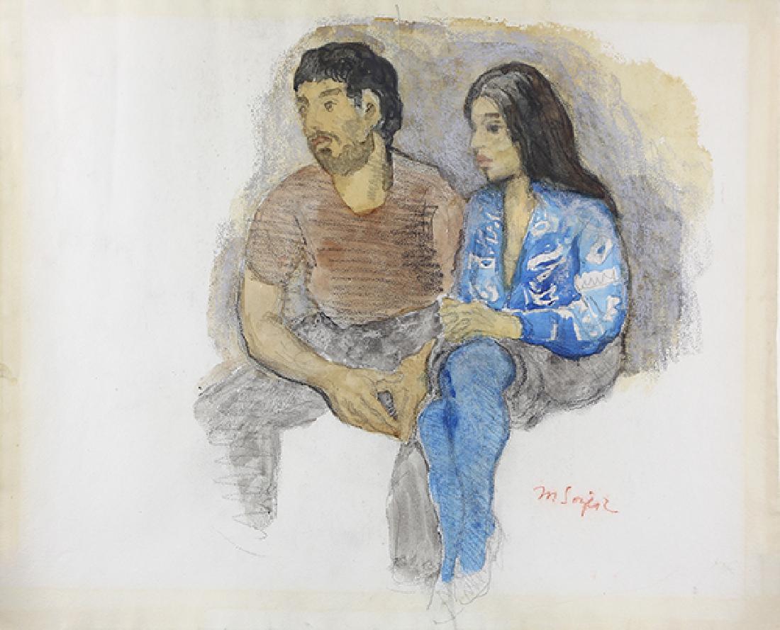 Mixed Media, Moses Soyer: Moses Soyer (American, 1899-1974), "Couple," mixed media on paper (double sided), signed lower right, sheet (unframed): 17.5"h x 22.5"w. Note: Letter of authentication from artist's son, David Soyer,