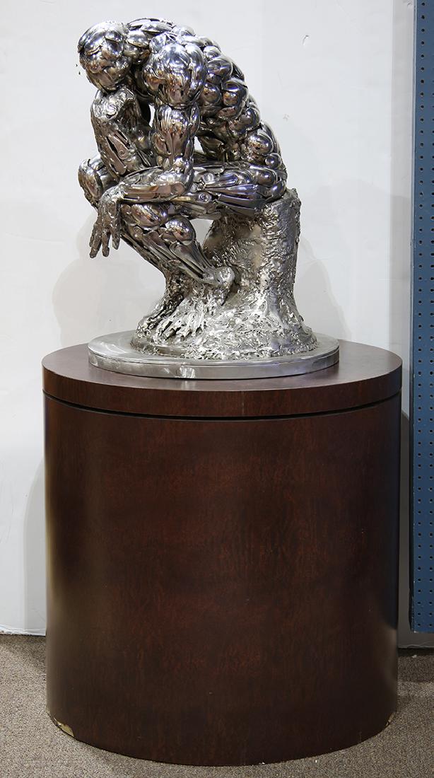 Sculpture, Boban Ilic: Boban Ilic (American/Serbian, b.1964), "The Thinker (after Rodin)," welded metal (spoons) sculpture, signed lower back, sculpture dimensions: 28"h x 20"w x 21.5"d, overall (with pedastal): 58"h x 29.5