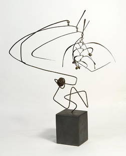 Sculpture, Zahara (Zohara) Schatz: Zahara (Zohara) Schatz (American/Israeli, 1915-1999), Parpar, metal sculpture with wood base, unsigned, overall: 17"h x 11.5"w x 12"d