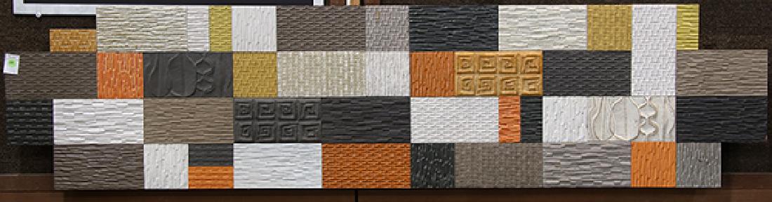 Mid-century wall sculpture by Lee Rosen Design-Technics: Mid-century wall sculpture by Lee Rosen Design-Technics, the Lee Rosen design executed in the 1950's featuring geometric decorated porcelain segments executed in different textures and colors, 17"h x