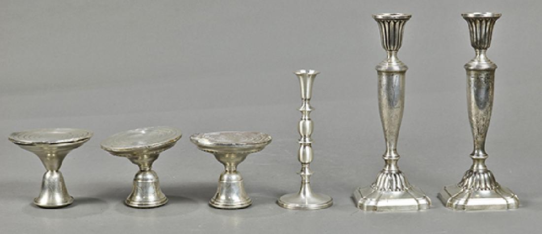 (lot of 6) Sterling silver weighted candlestick group, (1 of 2)