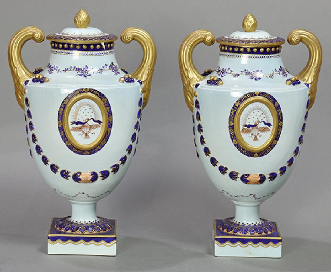 Pair of English covered ceramic urns in the Mottahedeh (1 of 9)