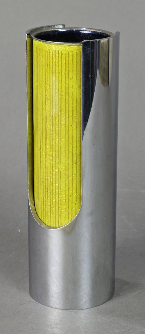 Del Campo: Del Campo, Italy green glass and metal vase, having a Moderne form, 8"h