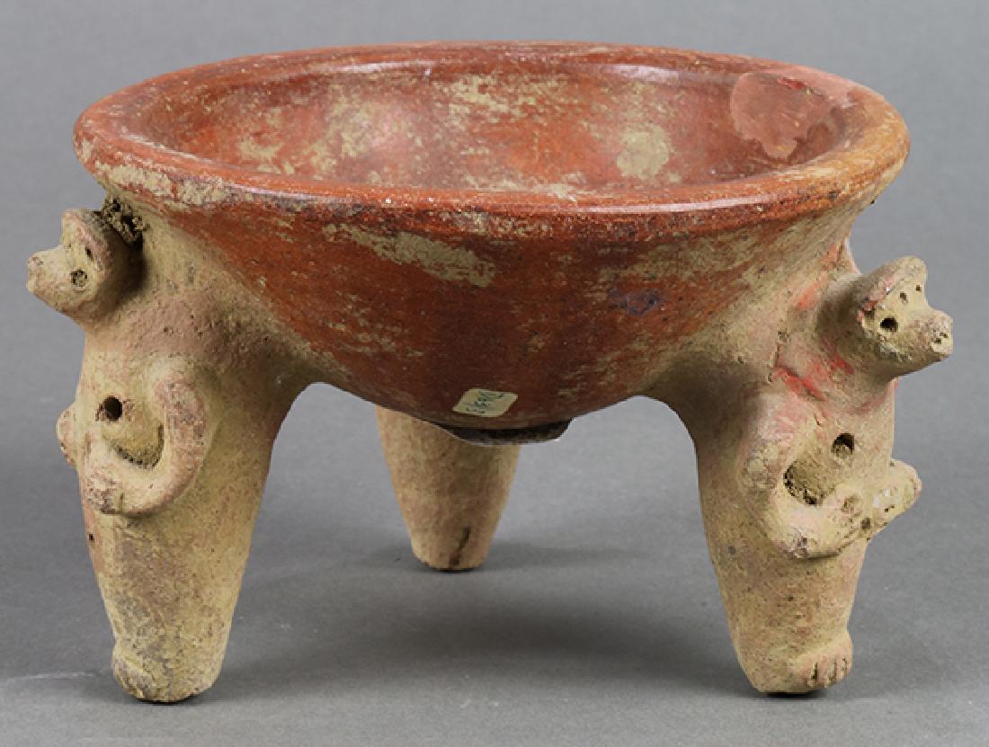 Pre-Columbian style west Mexican finger bowl, rising on: Pre-Columbian style west Mexican finger bowl, rising on three monkey form feet, 4"h x 5.5"dia.