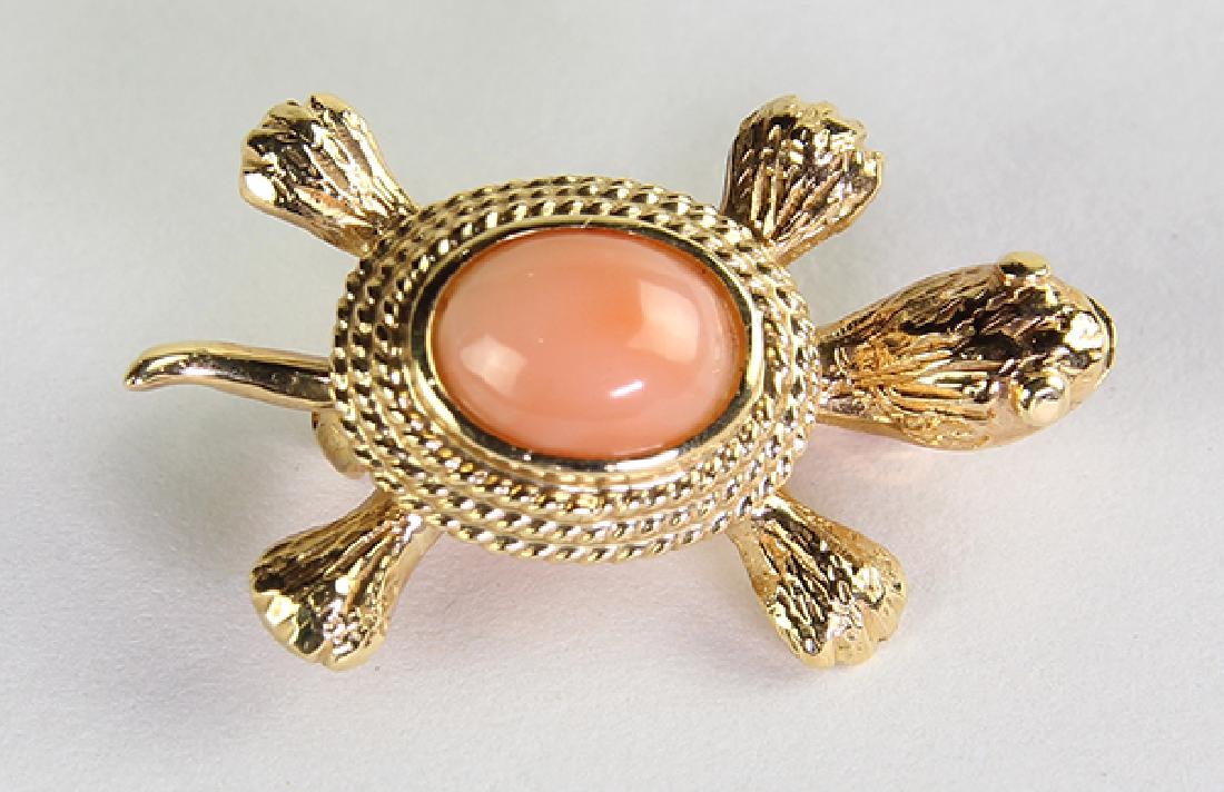 Coral and 14k yellow gold turtle brooch (1 of 2)