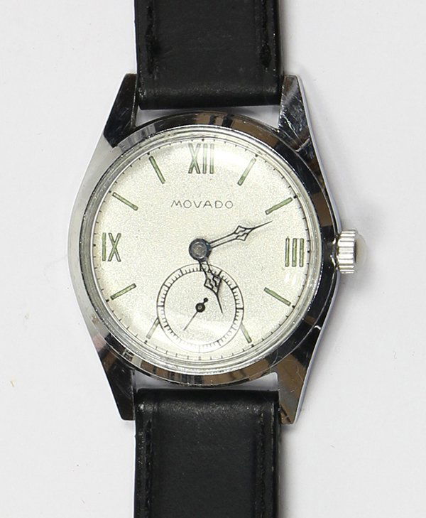 Movado, stainless steel wristwatch: Movado, stainless steel wristwatch Dial: round, frosted silvered, luminous Roman and baton hour markers, subsidiary seconds, dial at 6:00, Movado Movement: 15 Jewels, Swiss made, Movado factories Case