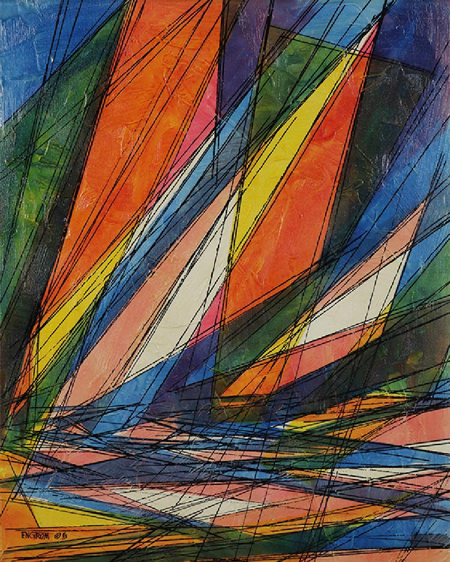 Painting, Magnus Engstrom: Magnus Engstrom (American, 20th century), Abstract in Colors (Sails), mixed media on canvas, signed lower left, overall (with frame): 31.25"h x 25.25"w