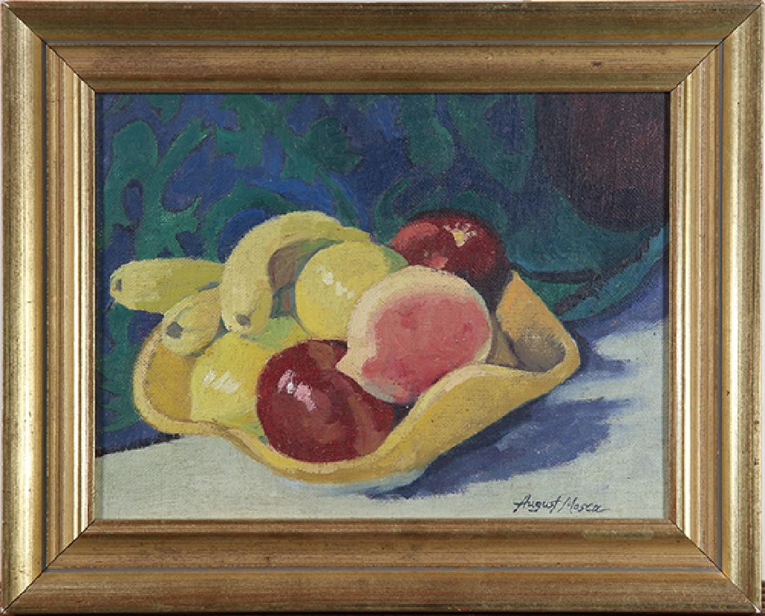 Painting, August Mosca: August Mosca (American/Italian, 1909-2002), Bowl of Fruit Still Life, oil on canvas, signed lower right, overall (with frame): 10.5"h x 13.25"w