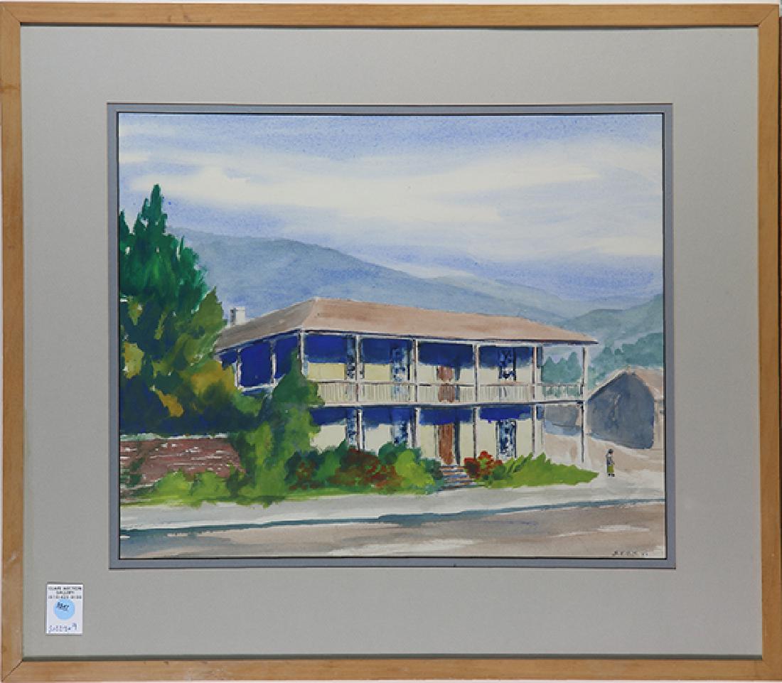 Watercolor, Manner of Samuel Finley Breese Morse: Manner of Samuel Finley Breese Morse (American, 1791-1872), California House on the Corner, watercolor, bears initials and dated lower right, overall (with frame): 24.25"h x 27.75"w