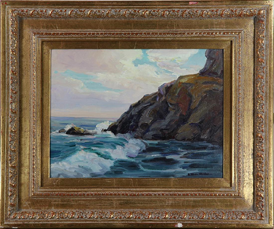 Painting, Coastal Scene at Sunset: Coastal Scene at Sunset, oil on canvas board, signed "B. Nunn Miller" lower right, 20th century, overall (with frame): 20"h x 24"w