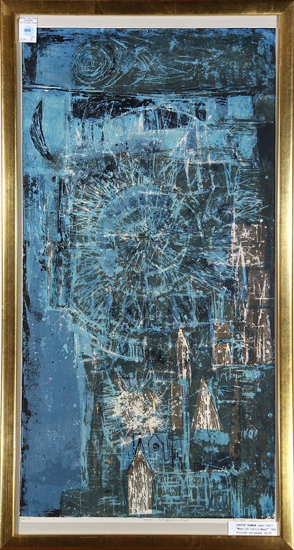 Print, Dorothy Bowman: Dorothy Bowman (American, b. 1927), "Moon-Lit Ferris Wheel," 1956, serigraph, pencil signed and dated lower right, titled lower center, edition 55, overall (with frame): 39"h x 21"w