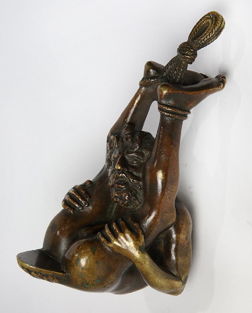 Erotic bronze door knocker: European School (20th century), Nude Man Bent Over, bronze door knocker, unsigned, overall: 6.25"h x 3"w x 4"d