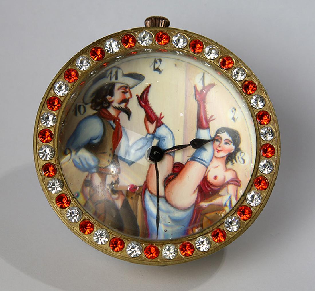 Erotic orb table clock: "Time for a Quickie," faux jeweled glass orb table clock featuring Cowboy and Nude on ceramic clock face, overall: 2.5"h x 3"w 2.75"w