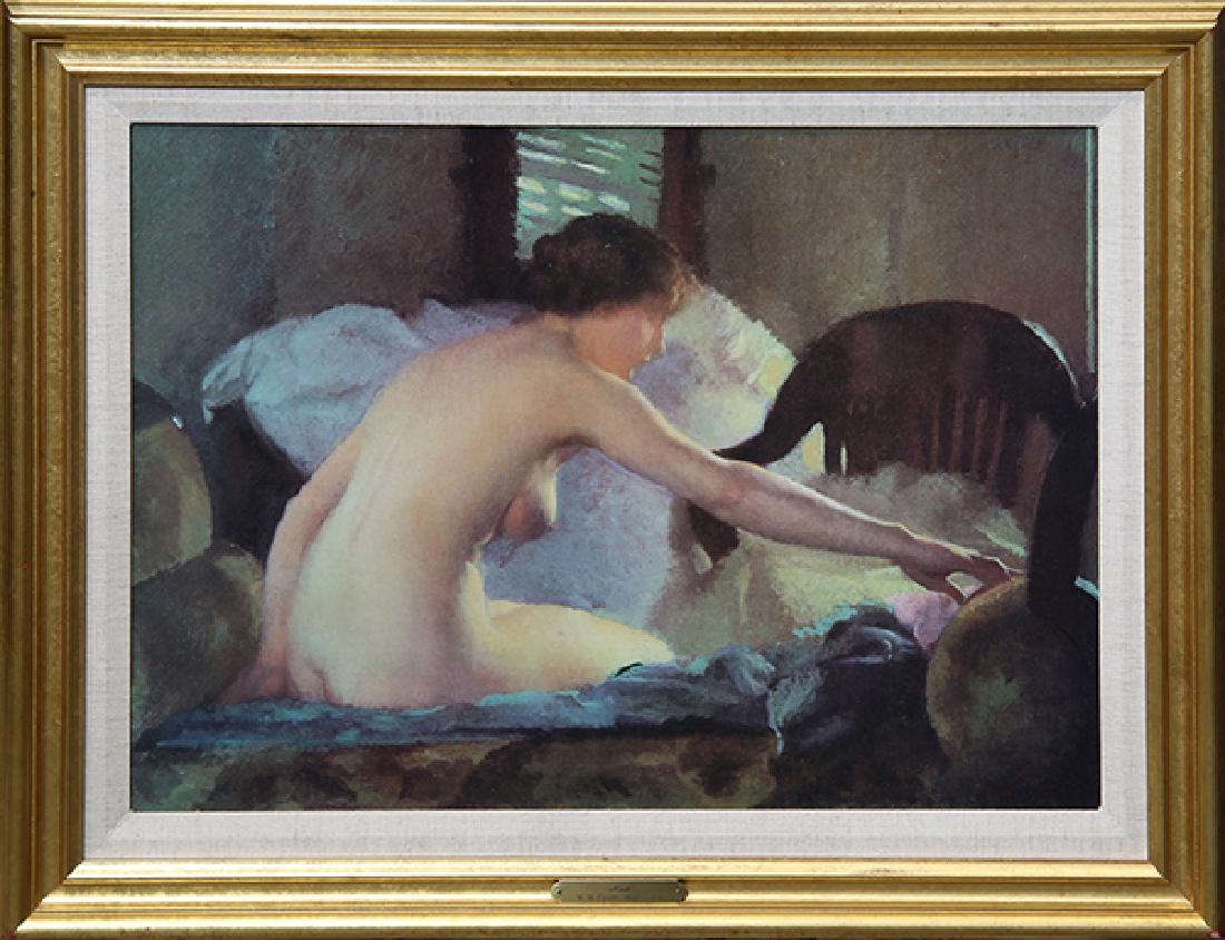 Erotic Print, After William McGregor Paxton: After William McGregor Paxton (American, 1869-1941), "Nude," giclee on canvas, artist name plate affixed lower center frame, overall (with frame): 21"h x 27.25"w