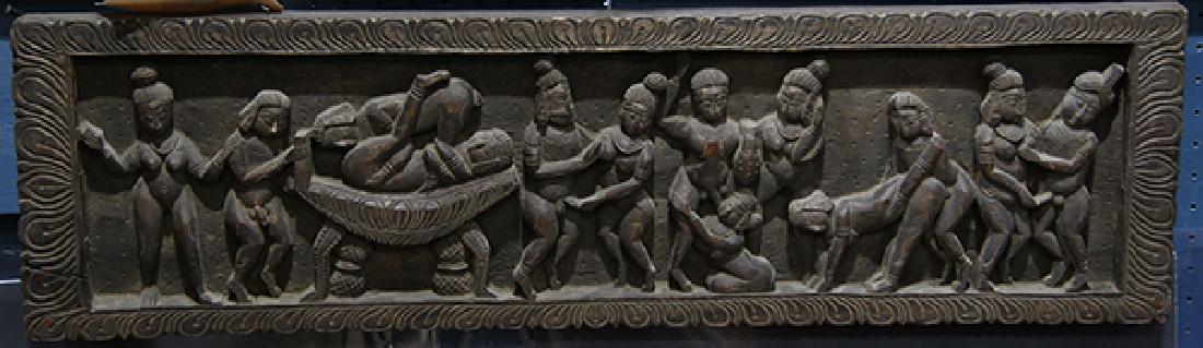 Erotic carved wood wall hanging: Balinese erotic carved wood wall hanging of figures engaged in various sexual acts, unsigned, overall: 9.75"h x 34.5"w x 1.75"d