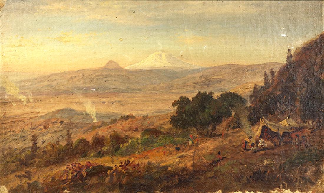 Painting, William Keith: William Keith (American, 1838-1911), Native American Encampment at Base of Mount Shasta, oil on canvas board, signed lower right, sight: 9"h x 15.25"w, overall w/ frame: 12.5"h x 15.5"w