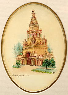 Watercolor, Jules Guerin: Jules Guerin (American, 1866-1946), "Tower of Jewels, PPIE (Panama Pacific International Exposition, San Francisco), watercolor, initialed/monogrammed "JG" lower right, sight: 5"h x 3.5"w, overall (wi