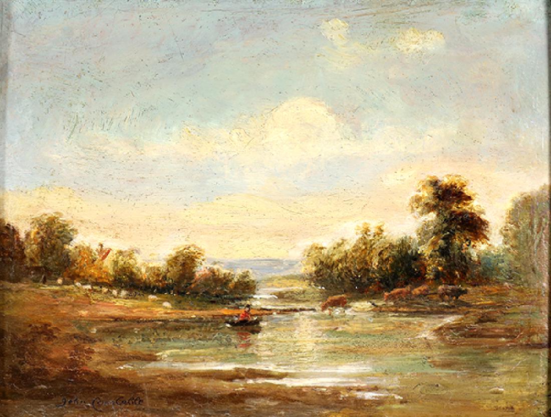 Painting, Circle of John Constable: Circle of John Constable (British, 1776-1837), Man in Boat with Cows drinking by the Waters Edge, oil on wooden panel, bears signature lower left, pabel: 6.75"h x 8.75"w, overall (with frame): 12.75"h