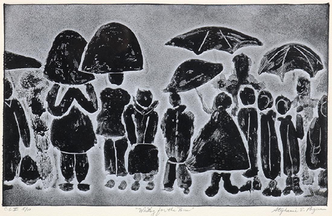 Print, Stephanie E. Pogue: Stephanie E. Pogue (Ameican, b. 1944), "Waiting for the Bus," woodblock print in colors, pencil signed lower right, titled lower center, edition C.S II 5/10, image: 7"h x 10.75"w, overall (with frame)