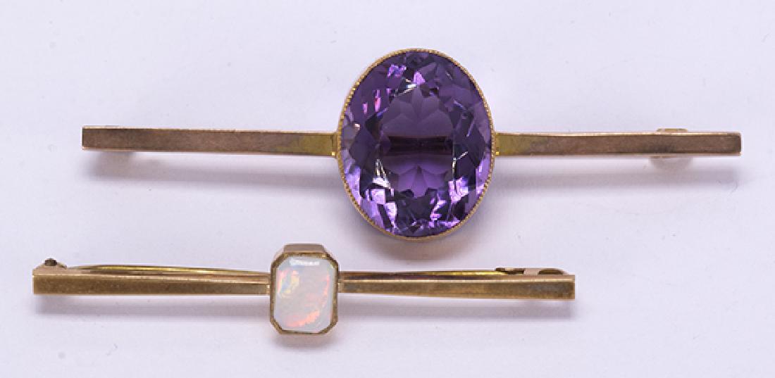 (Lot of 2) Amethyst, opal and 9K gold bar brooches (1 of 2)